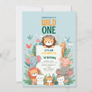 Wild One Safari Jungle Animal Birthday Invitation