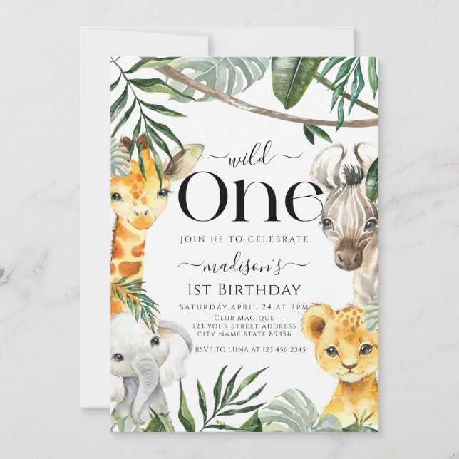 Wild One Safari Jungle Animal Boy 1st Birthday Invitation (Front)