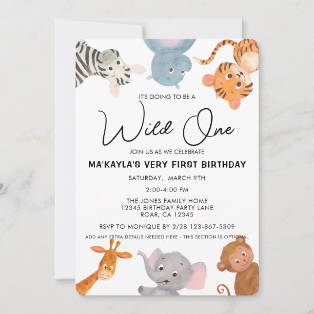 Wild ONE safari jungle animal first birthday Invitation (Front)