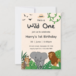 Wild One Safari Jungle Animals 1st Baby Birthday Invitation