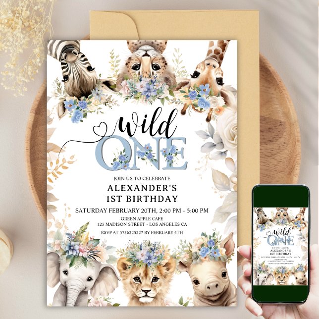 Wild ONE | Safari Jungle Animals 1st Birthday Boy  Invitation (Creator Uploaded)