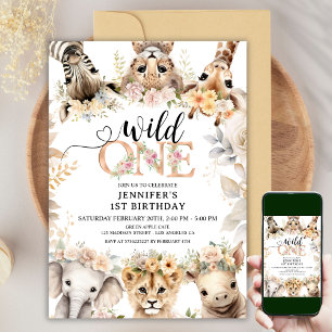 Wild ONE   Safari Jungle Animals 1st Birthday Girl Invitation