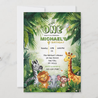 Wild One Safari Jungle Animals 1st Birthday Invitation