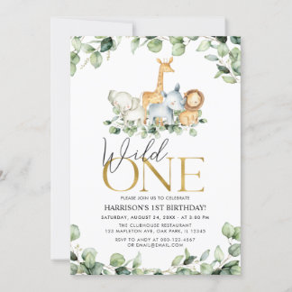 Wild One Safari Jungle Animals 1st Birthday Invitation
