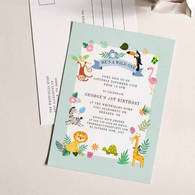 Wild One Safari Jungle Animals 1st Birthday Invitation Postcard (Wild One First Birthday Forest Animals Themed Party Invitation)
