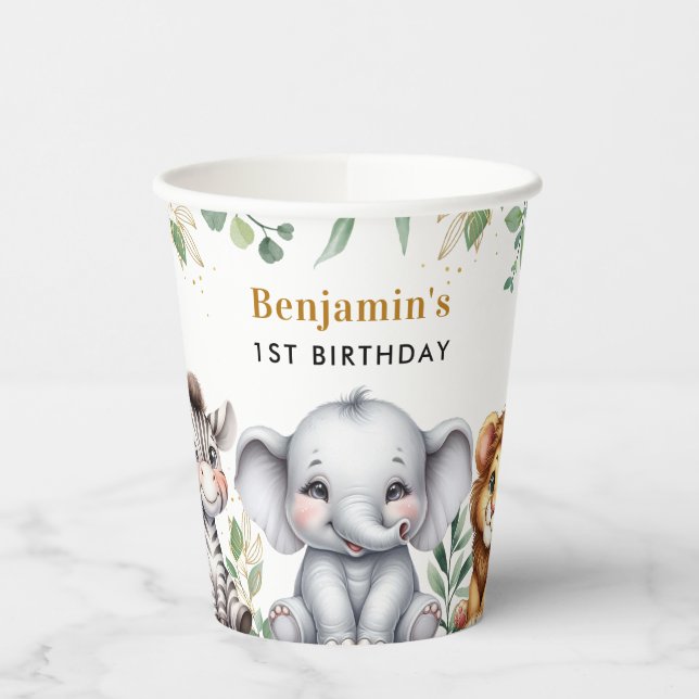 Wild One Safari Jungle Animals 1st Birthday Paper Cups (Left)