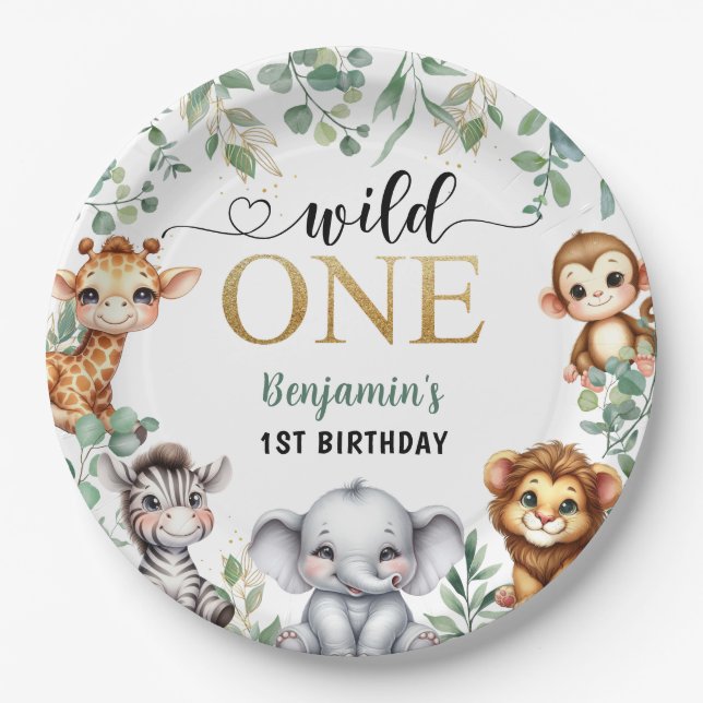 Wild One | Safari Jungle Animals 1st Birthday Paper Plate (Front)
