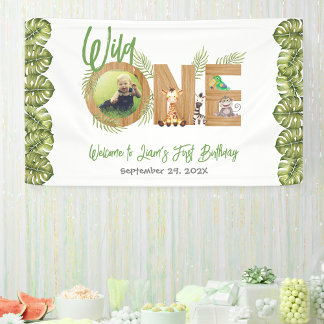 Wild One Safari Jungle Animals 1st Birthday Photo Banner