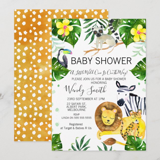 Wild One Safari jungle Animals Baby Shower Invitation (Front/Back)