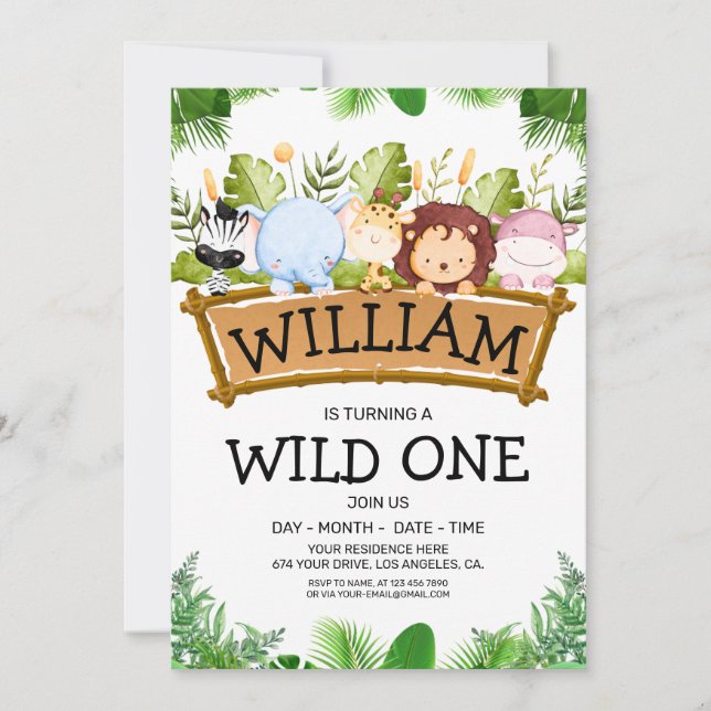 Wild One Safari JUNGLE Animals Birthday PHOTO Invitation (Front)