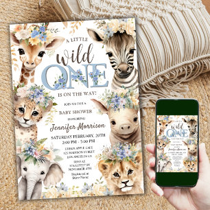 Wild One Safari Jungle Animals Boy Baby Shower Invitation