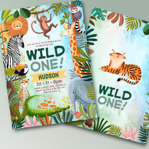 Wild one safari jungle animals boy birthday invitation