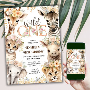 Wild One Safari Jungle Animals Girl 1st Birthday Invitation