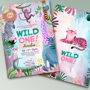 Wild one safari jungle animals Girl birthday Invitation