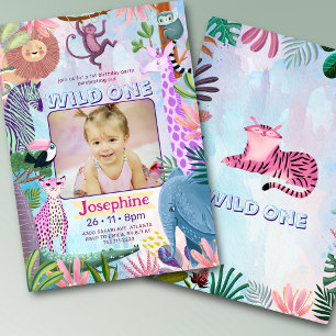 Wild one safari jungle animals girl birthday photo invitation