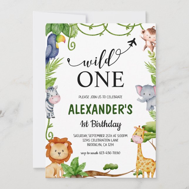 Wild One Safari Jungle Animals Watercolor Birthday Invitation (Front)