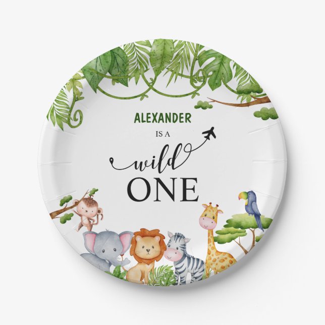 Wild One Safari Jungle Animals Watercolor Paper Plate (Front)