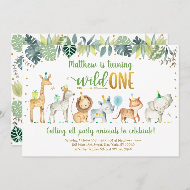 Wild One Safari Jungle Birthday Invitation (Front/Back)