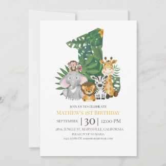 Wild One Safari Jungle First 1st Birthday Number Invitation