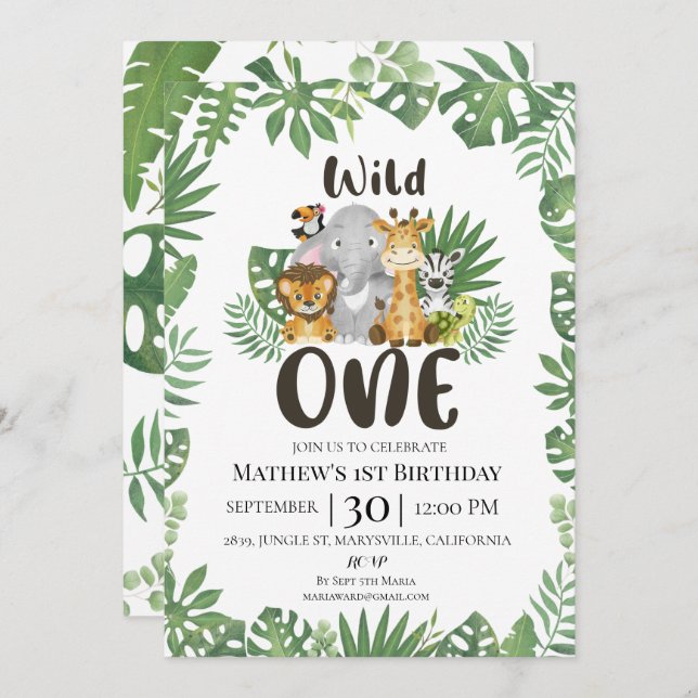 Wild One Safari Jungle First Birthday Invitation (Front/Back)