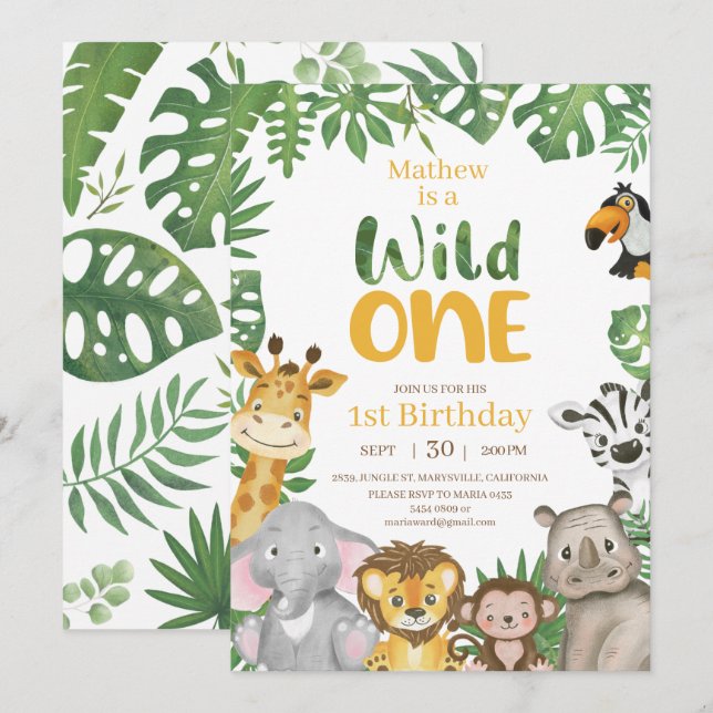 Wild One Safari Jungle First Birthday Yellow Invitation (Front/Back)