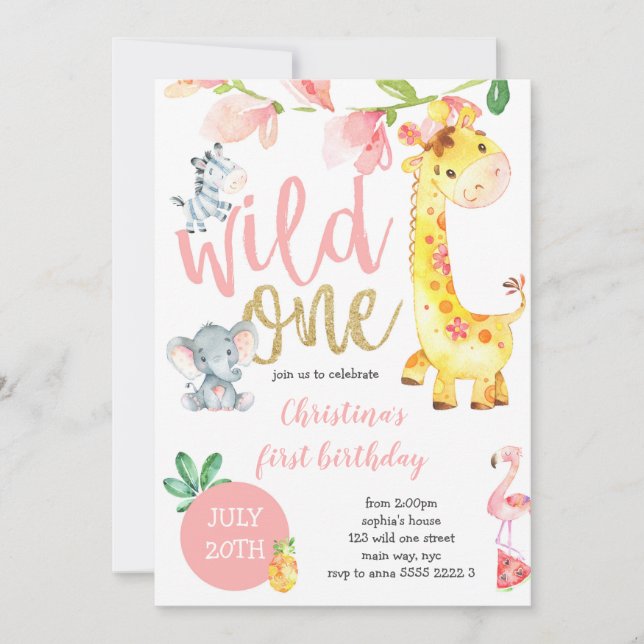 Wild One Safari Jungle Girl First Birthday Pink Invitation (Front)