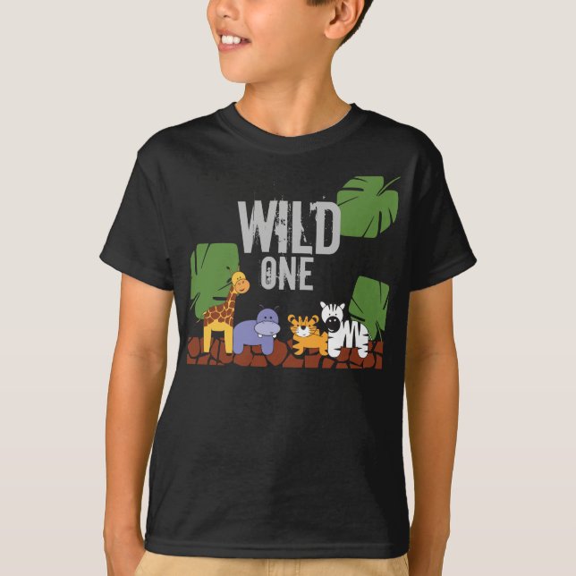 WILD ONE Safari Jungle Theme First Birthday black T-Shirt (Front)