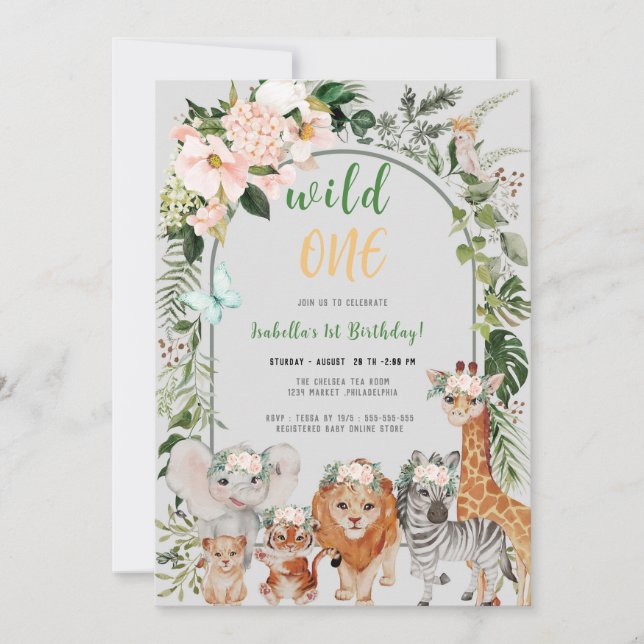 Wild One Safari leaves Birthday Invitation (Front)