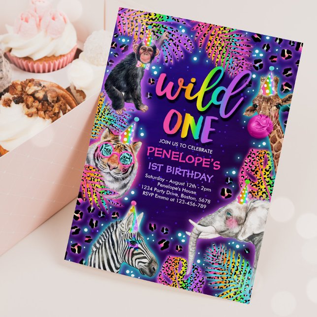 Wild One Safari Neon Rainbow Cheetah Birthday Invitation (Creator Uploaded)