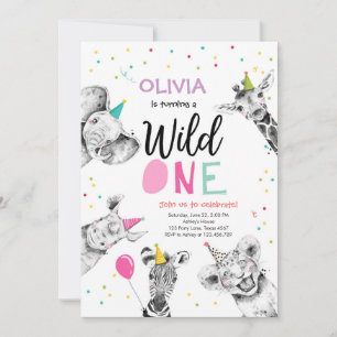 Wild One Safari Party Animals Girl First Birthday Invitation