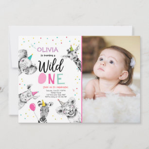 Wild One Safari Party Animals Girl First Birthday  Invitation