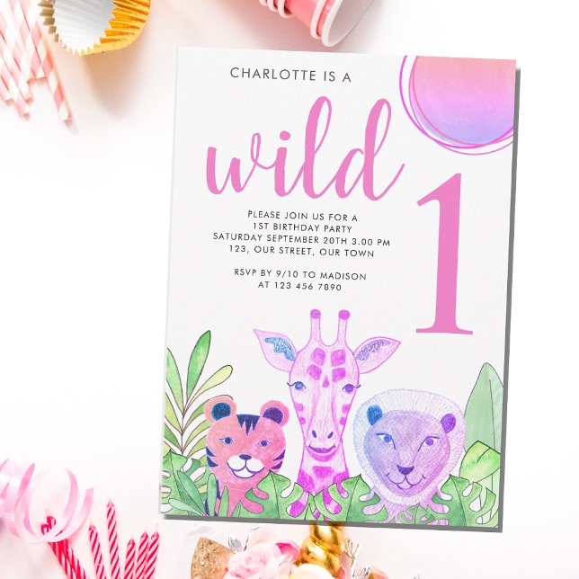 Wild One Safari Pink 1st Birthday  Invitation (Creator Uploaded)