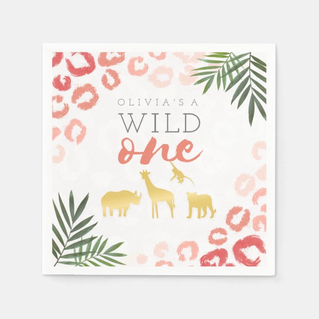 Wild One Safari Pink and Gold 1st Birthday Napkin (Front)