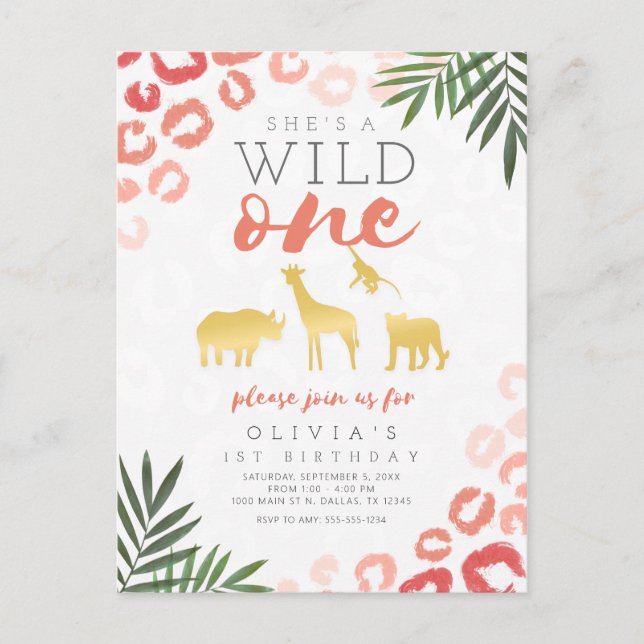 Wild One Safari Pink and Gold 1st Birthday Postcard (Front)