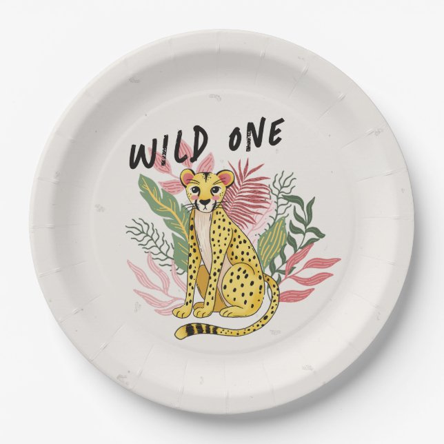Wild One Safari Pink Cheetah Kids Birthday Party Paper Plate (Front)