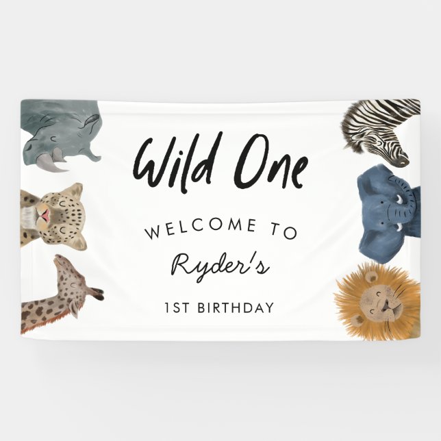 Wild One Safari Theme Boy's First Birthday Banner (Horizontal)