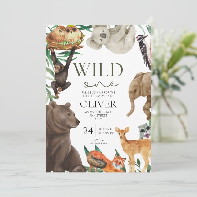Wild one safari theme first birthday  invitation (Standing Front)