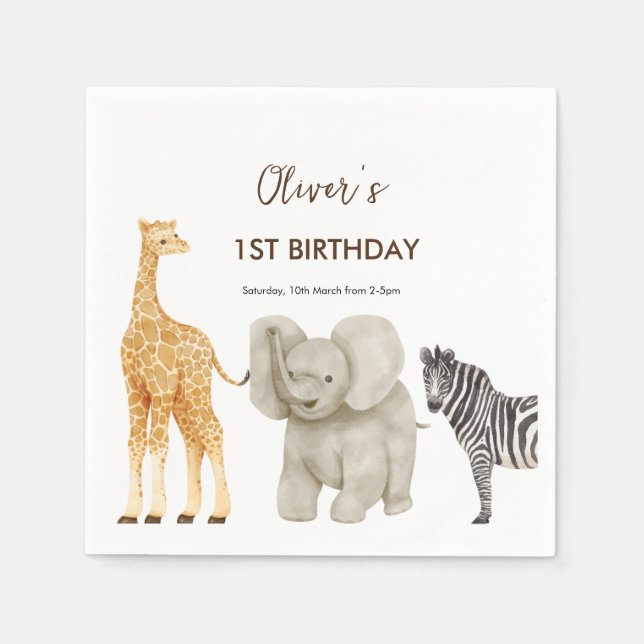 Wild One Safari Theme First Birthday  Invitation Napkin (Front)