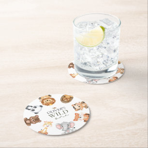 Wild one safari theme first birthday round paper coaster