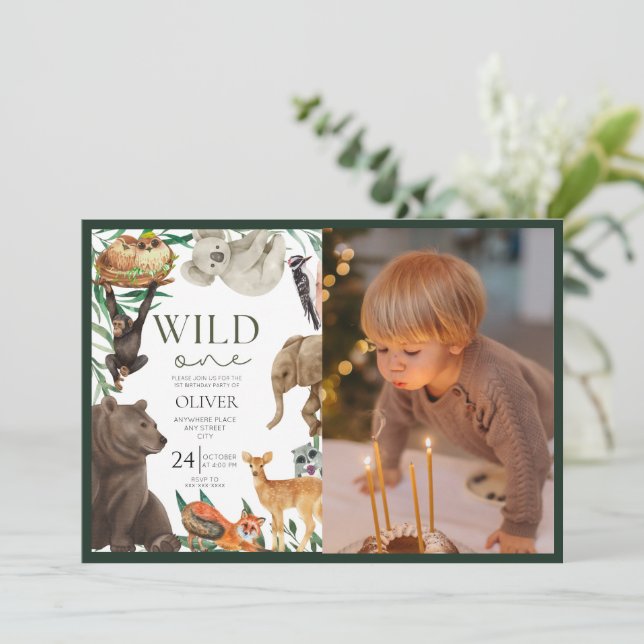 Wild one safari theme photo first birthday  invitation (Standing Front)