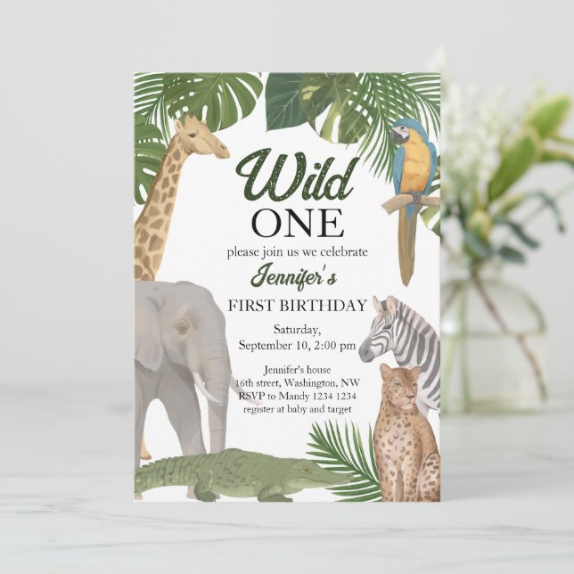 Wild One Safari Tropic Birthday Invitation (Standing Front)