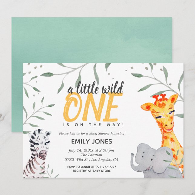 Wild One Safari Watercolor Baby Shower Invitation (Front/Back)