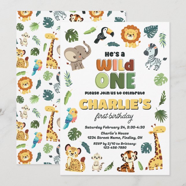 Wild One Safari Zoo Animal Birthday Party Any Age Invitation (Front/Back)