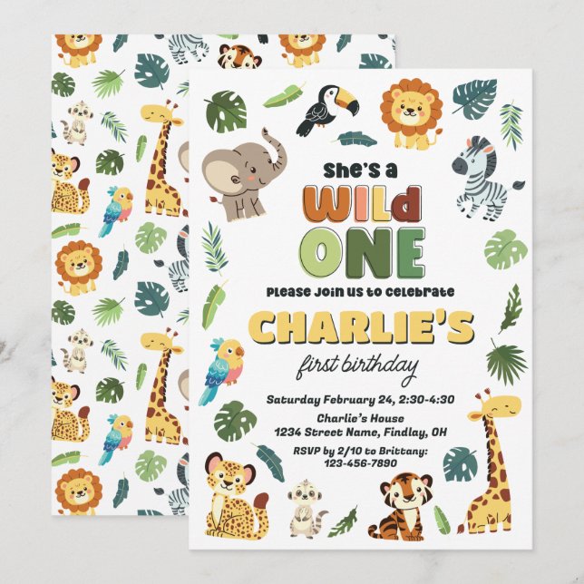 Wild One Safari Zoo Animal Birthday Party, Girls Invitation (Front/Back)