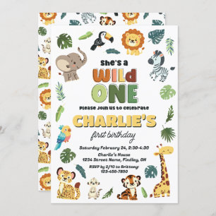 Wild One Safari Zoo Animal Birthday Party, Girls Invitation