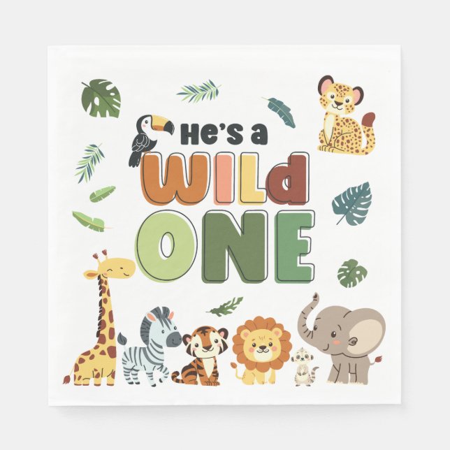 Wild One Safari Zoo Animal Birthday Party Napkin (Front)