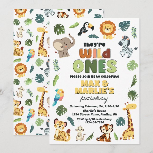 Wild One Safari Zoo Animal Birthday Party, Twins Invitation (Front/Back)