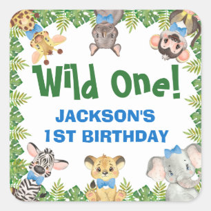Wild One Safari Zoo Animals Boy First Birthday Square Sticker