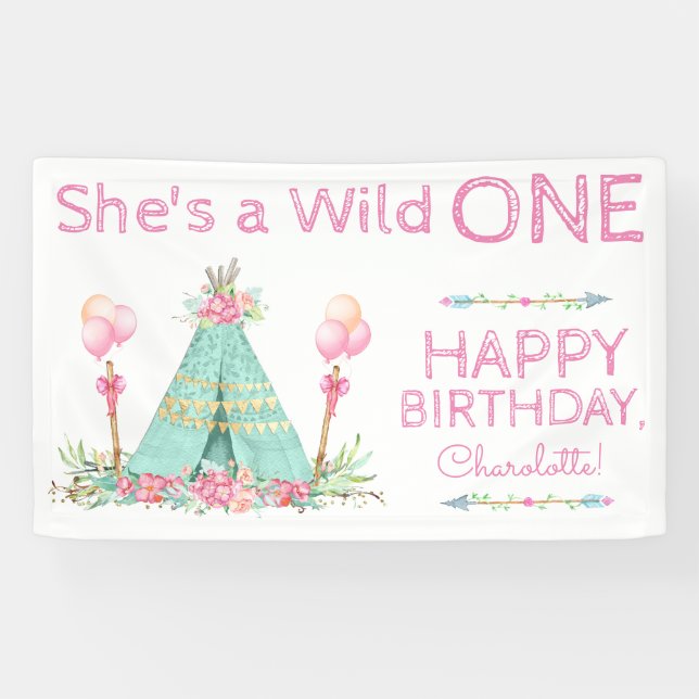 Wild One TeePee 1st Birthday Birthday Banner (Horizontal)