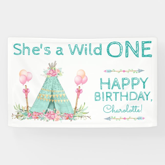 Wild One TeePee 1st Birthday Birthday Banner (Horizontal)